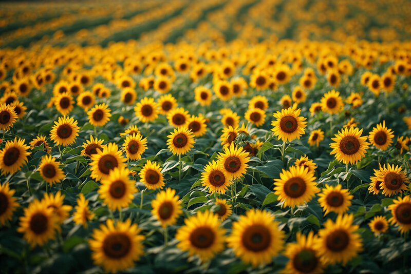 A vast field of bright yellow sunflowers in full bloom stretching to the horizon under soft light.
