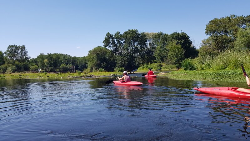 Two people paddling red kayaks along a calm, tree-lined river on a sunny summer's day.