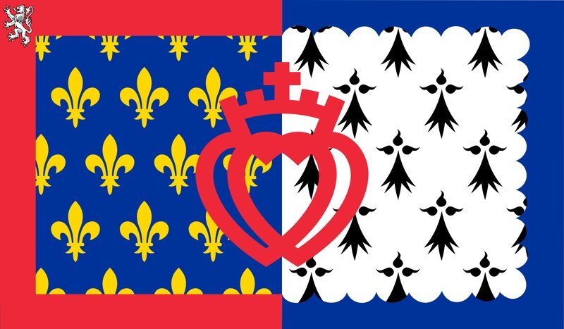 The flag of Pays de la Loire, divided into quarters featuring gold fleur-de-lis on blue, a red crowned heart on white, and black ermine symbols on white.