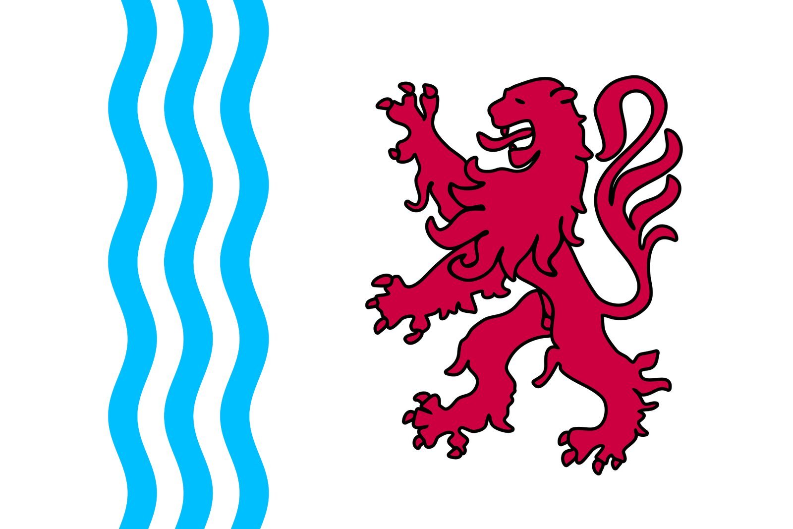 The flag of Maine-et-Loire, featuring three blue wavy vertical stripes on the left representing rivers, and a red rampant lion on a white background on the right.
