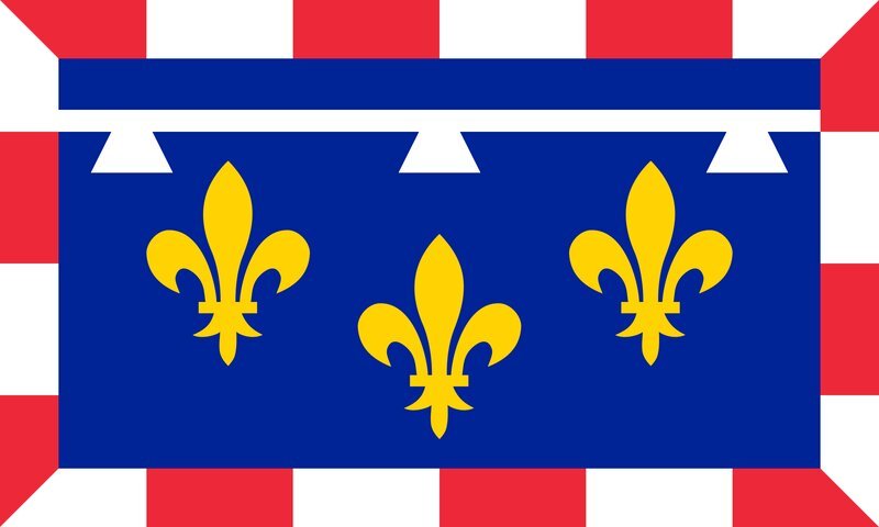 The regional flag of Centre-Val de Loire, featuring three gold fleur-de-lis symbols on a blue horizontal band, bordered by a red and white chequered pattern.