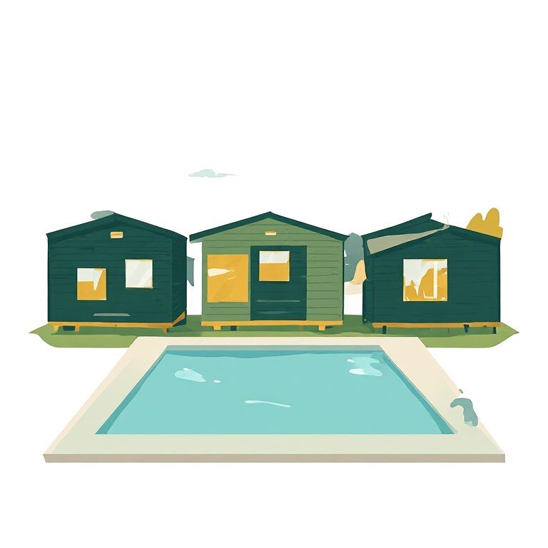 A stylised illustration of three green timber cabins arranged side by side in front of a rectangular outdoor swimming pool, representing the village of Villebernier in Maine-et-Loire.