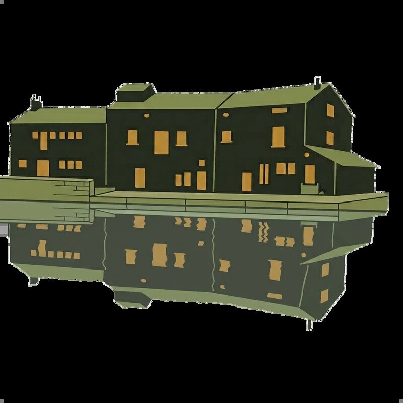 A stylised digital illustration used as the website icon for Artannes-sur-Thouet, depicting a row of traditional stone buildings reflected in calm water below, rendered in olive green and ochre tones.