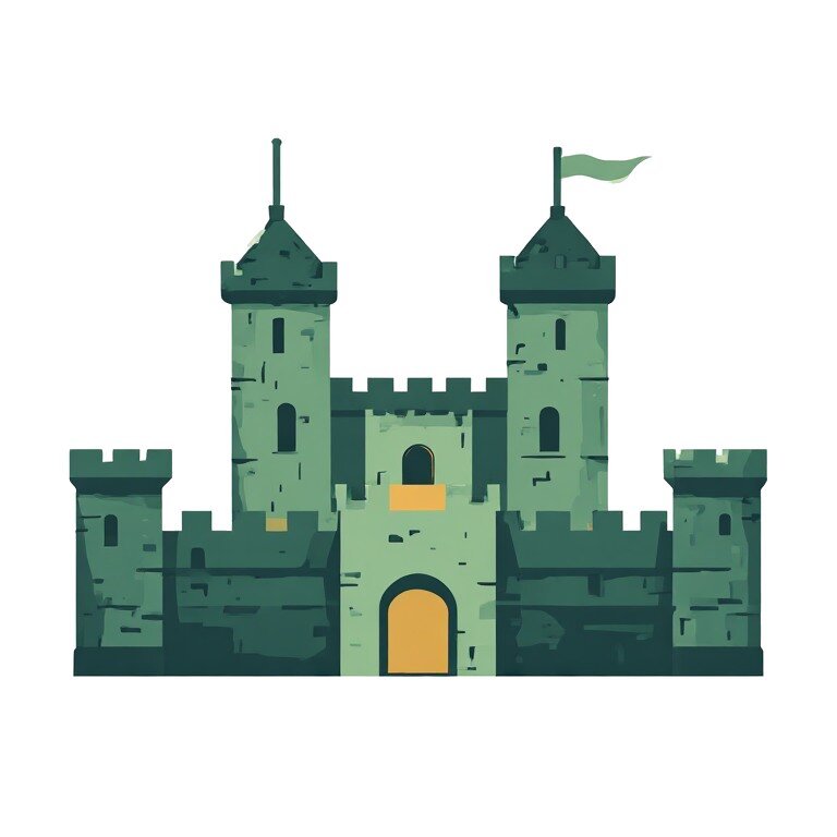 A flat illustrated icon of a green medieval castle with two towers, battlements, and an arched gateway, representing Montreuil-Bellay in Maine-et-Loire.
