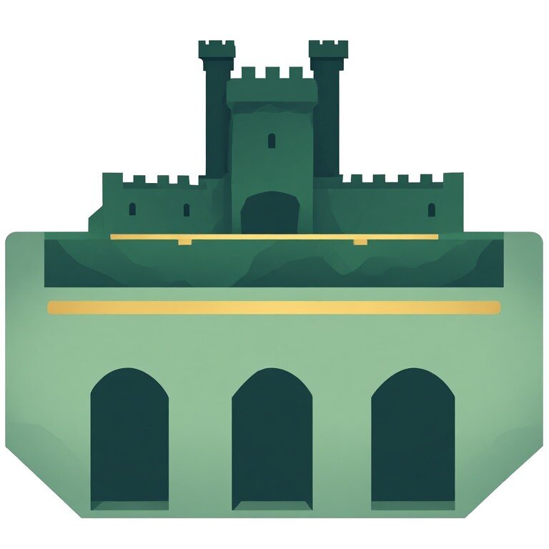 A flat illustrated icon of Château de Brézé, depicting a green medieval castle with battlements and crenellated towers above a fortified base with three arched openings, representing the town of Brézé on a travel website.