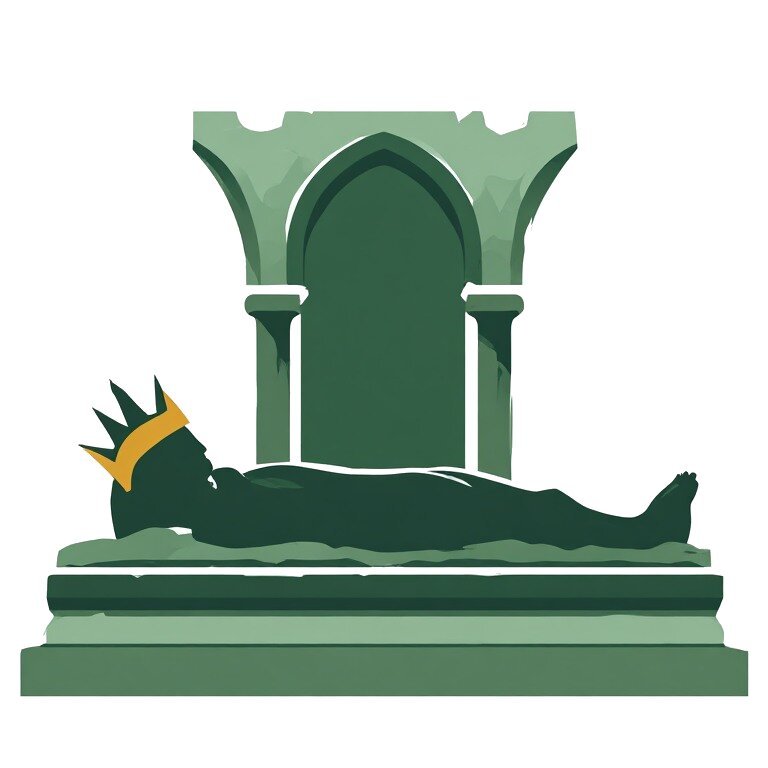 A stylised flat illustration icon representing Fontevraud-l'Abbaye, depicting a crowned royal effigy lying in repose before a gothic stone archway, rendered in shades of green.