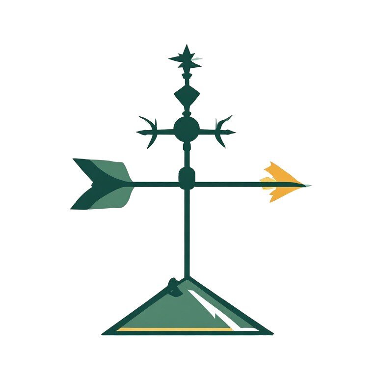 A decorative green and gold weather vane illustration, featuring a directional arrow, compass points, and a triangular base, representing the village of Coudray-Macouard.