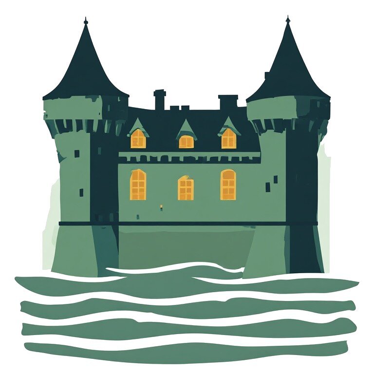 A stylised illustration of a turreted château reflected in water, representing the town of Montsoreau in the Loire Valley.