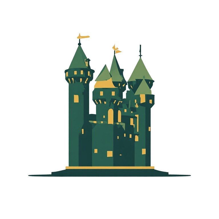 A stylised flat illustration of a green medieval castle with multiple towers, pointed turrets, and golden-lit windows, representing the château of Saumur.