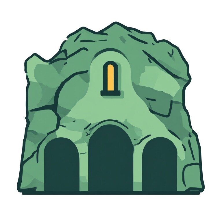 A stylised illustrated icon depicting a green stone troglodyte cave dwelling with three arched doorways and a narrow yellow-lit window above, representing the village of Turquant in the Loire Valley.
