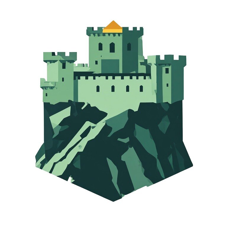A flat-style illustrated icon of a green medieval castle perched on a rocky hilltop, representing the town of Thouars in Deux-Sèvres.