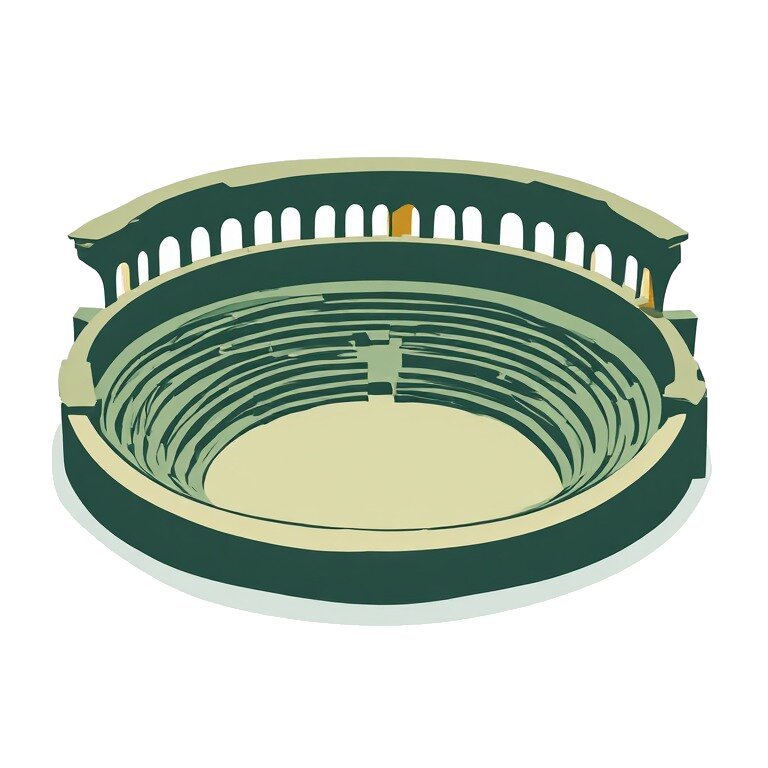 A stylised flat illustration of a Roman amphitheatre, shown in an aerial three-quarter view, representing the ancient site at Gennes in the Loire Valley.