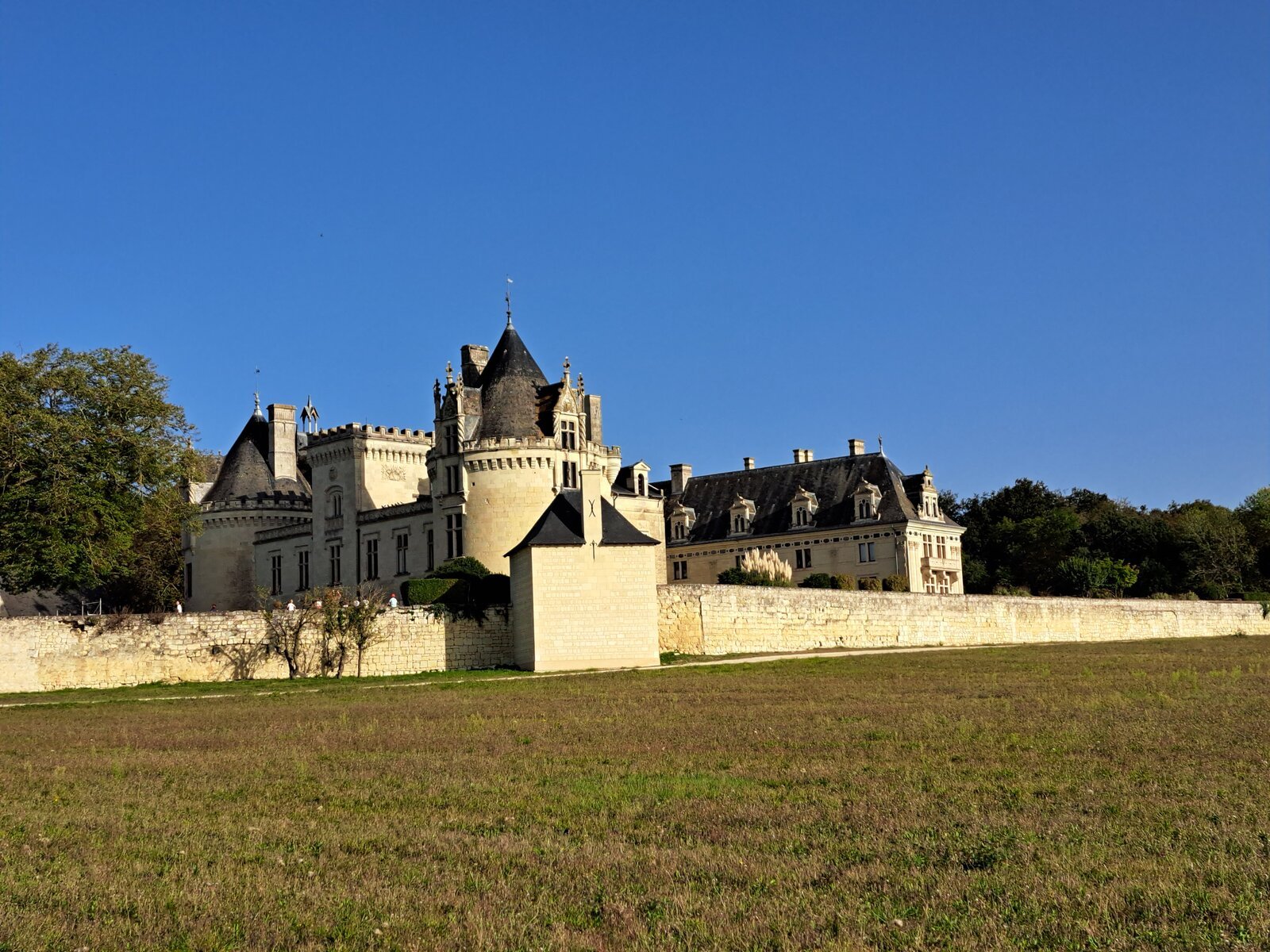 Brézé Château with conical turrets and slate rooftops stands behind a long stone perimeter wall, set against a clear blue sky with green meadow and trees in the foreground.