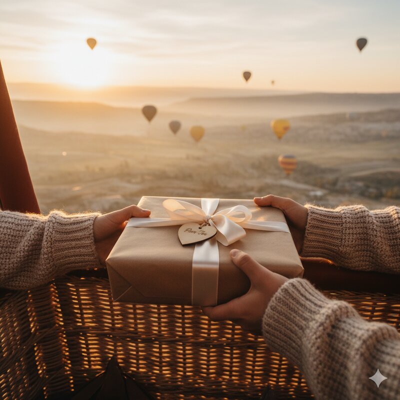 Two people in knitted jumpers exchange a ribbon-tied gift box in the basket of a hot air balloon, with a golden sunrise and numerous other balloons floating over a sweeping valley landscape below.