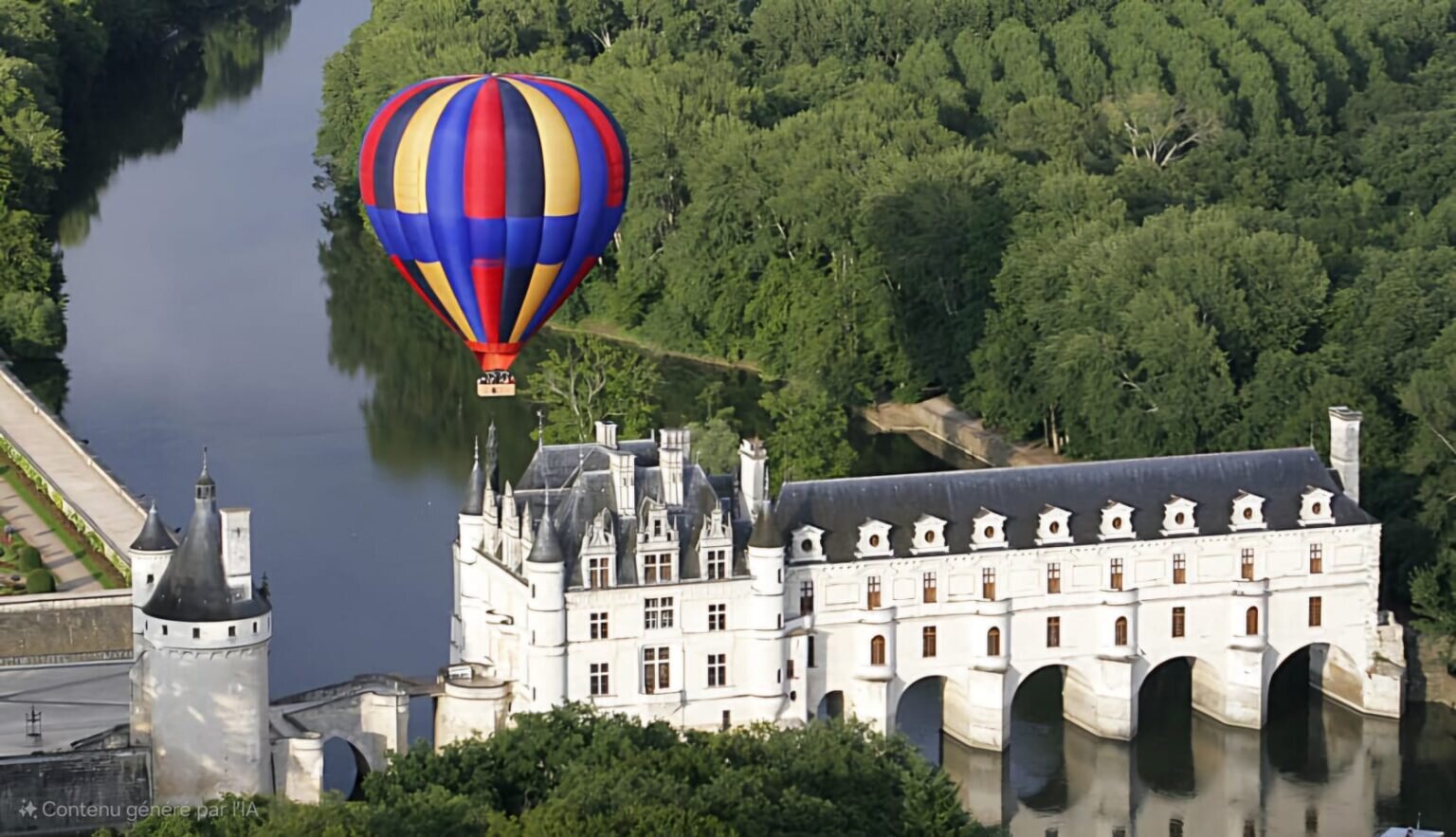 A brightly striped red, blue and yellow hot air balloon floats above the Château de Chenonceau, which spans the River Cher amid dense green woodland in the Loire Valley.
