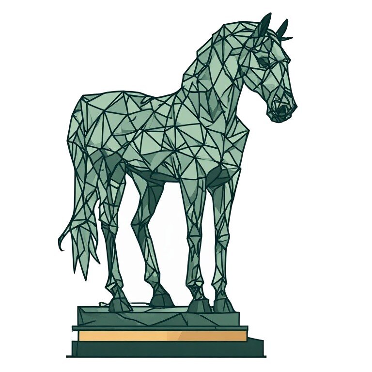 A stylised low-polygon sculpture of a standing horse in green tones on a gold-banded pedestal, representing the commune of Vivy.
