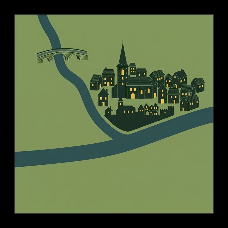 A stylised graphic icon depicting the village of Candes-Saint-Martin, showing a cluster of dark silhouetted houses and a church spire nestled between two sweeping river channels, rendered in dark green and teal on a sage green background.