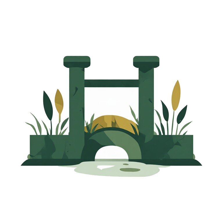 A flat illustrated icon representing Varennes-sur-Loire, showing mossy stone ruins with two pillars and an arched bridge surrounded by reeds and plants beside a pool of water.